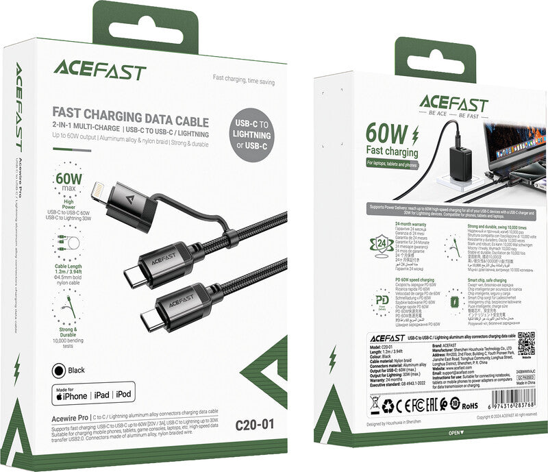Acefast USB-C auf USB-C/Lightning Kabel – USB 2.0 (480 Mbit/s) – 1,2 m – PD 60 W – Schwarz