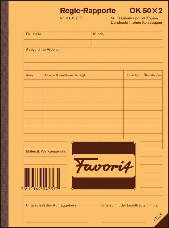 Favorit Formularblock – Regie-Rapporte, mehrsprachig, 50 Blatt, A5