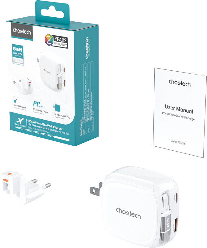 Choetech USB-Ladegerät 65 W – USB-C×2, USB-A×1, GaN – Integriertes ausziehbares Kabel 0,7 m – Weiss