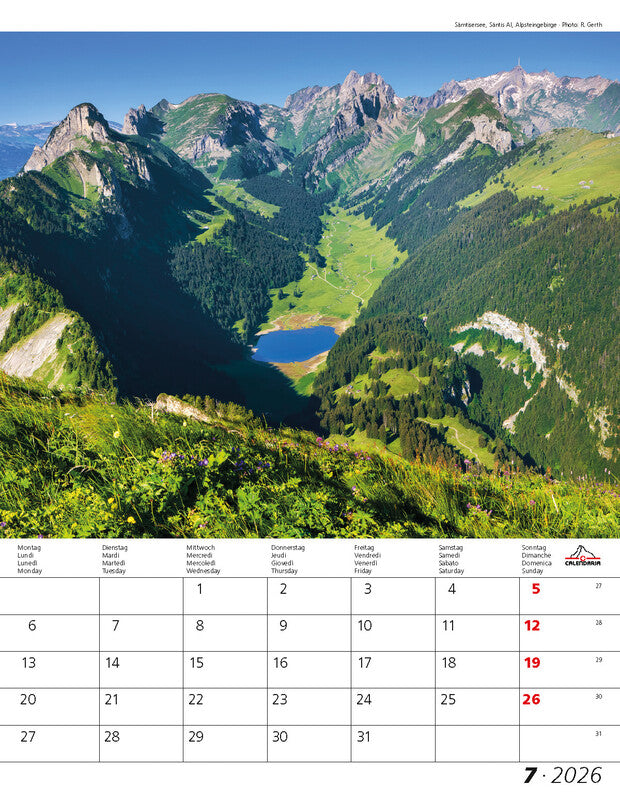 Calendaria Bildkalender Berge und Täler der Schweiz 2026 – 30 × 40 cm – mit Tagesfeldern, mit Aufhänger