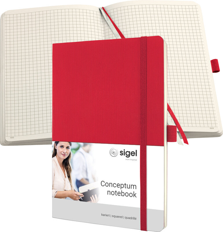 Sigel Notizbuch, 135 × 210 mm, kariert, Fadenheftung, Softcover, 194 Seiten, 80 g/m² – rot
