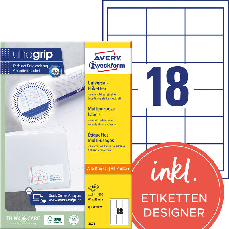 Avery Zweckform – Druckeretiketten, 64 mm × 45 mm, weiss, Papier, permanent, 1800 Etiketten (100 Blatt)