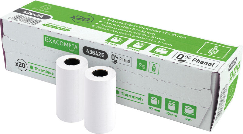 Exacompta Thermorolle 57 × 30 × 12 mm, 9 m, 52 g/m², phenolfrei, weiss