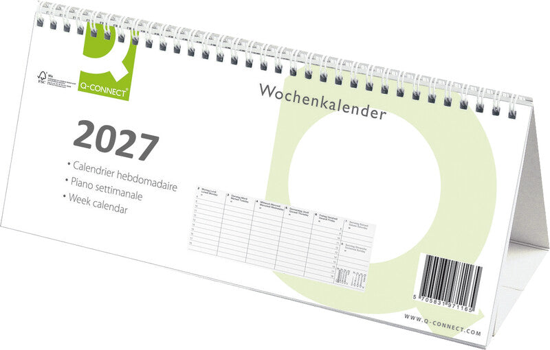 Q-connect Triangel Wochenplaner – 1 Woche/1 Seite, Spiralbindung, 28,5 × 12 cm, 2027, mit Steller, FSC