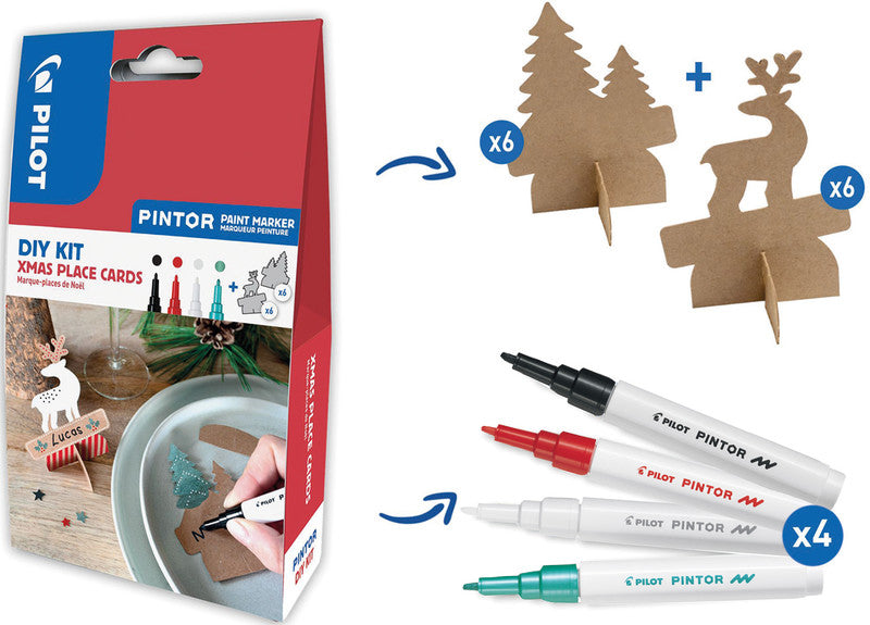 Pilot Bastelset Pintor Xmas Tischkarten – 4 Pigment Marker, 12 Kartonvorlagen