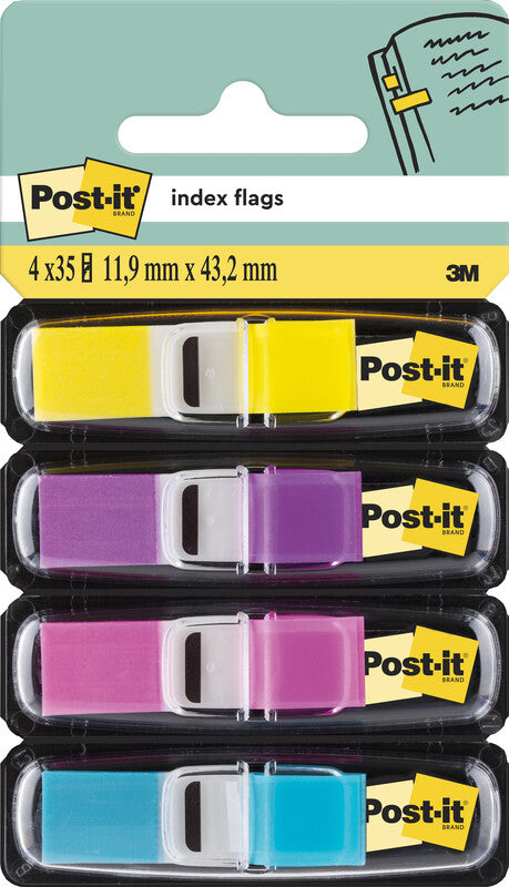 Post-it Schmale Indexstreifen – 11,9×43,2 mm – sortiert, 4×35 Stück, mit Dispenser, Kunststoff