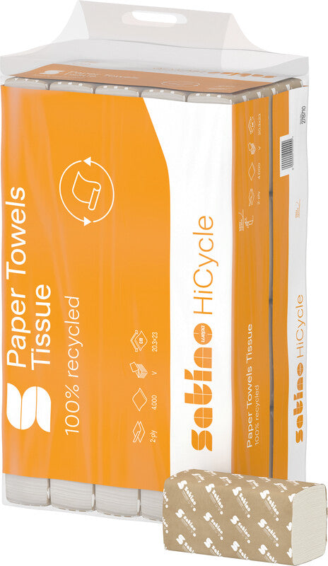 Satino hicycle Falthandtücher V-Falz – 2-lagig, weiss, Papier – 203 × 230 mm – Karton 20 × 200 Blatt