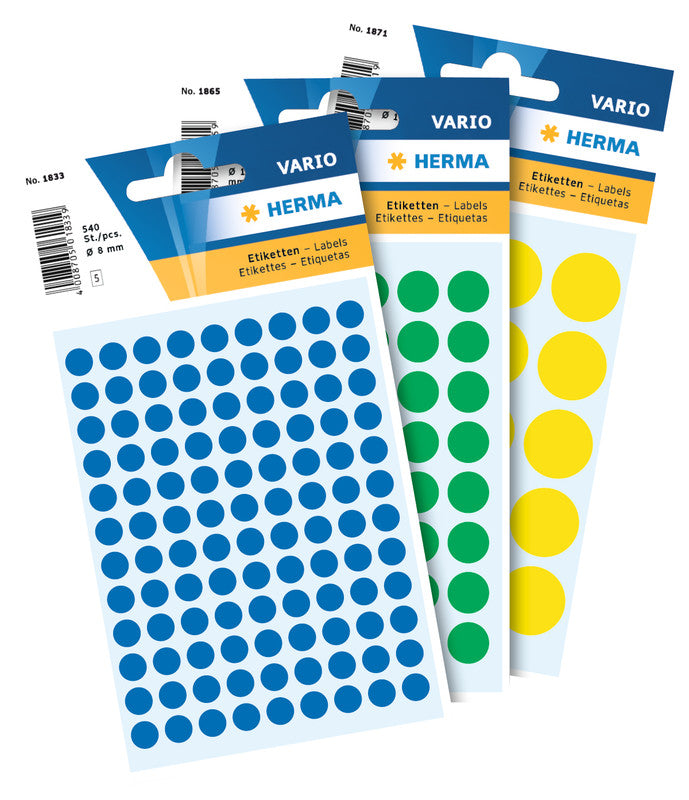 HERMA Vario Schuletiketten – Motiv Farbpunkte – Ø 8 mm, 540 Stk, 5 Bogen, Papier, permanent haftend