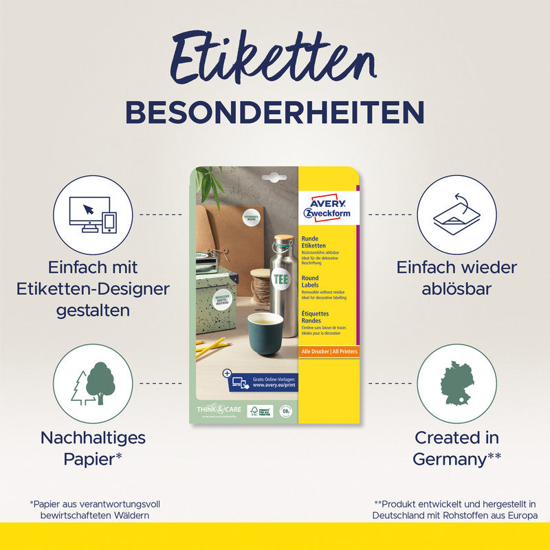 Avery Etiketten, Ø 10 mm, weiss, Papier, wiederablösbar, Packung 10 Blatt (3'150 Etiketten)