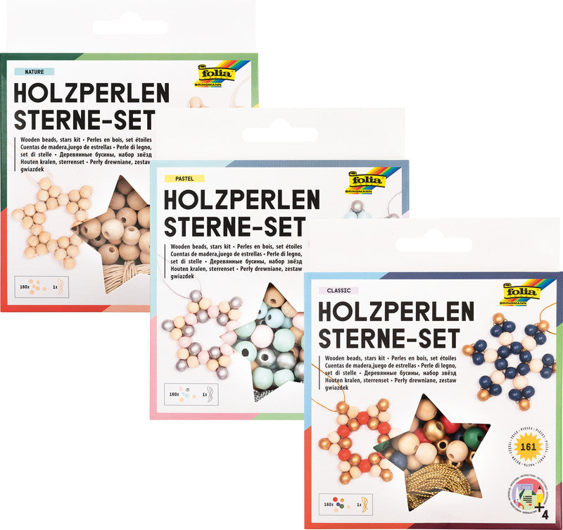 Folia Perlenmischung, Holz – mehrfarbig – Ø 10–12 mm, Loch 12 mm – 160 Stk. – Sterne-Set Pastell