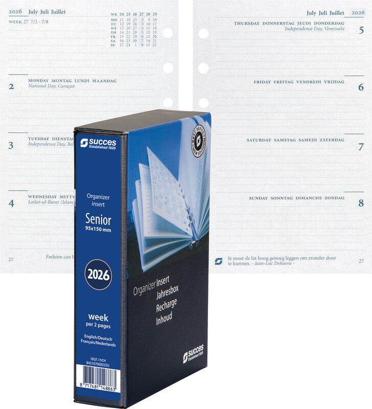 Succes Kalender-Einlage – 1 Woche/2 Seiten, 6-fach, 9,5 × 15 cm, 2026