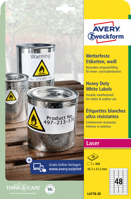 Avery Druckeretiketten, 46 mm × 21 mm, weiss, Folie, extra stark, 960 Etiketten (20 Blatt)