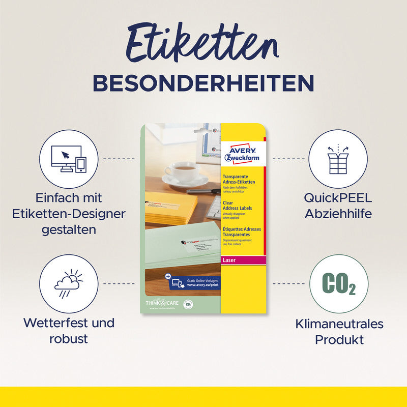 Avery Drucketiketten, 99,1 mm × 42,3 mm, transparent, 300 Etiketten (25 Blätter)