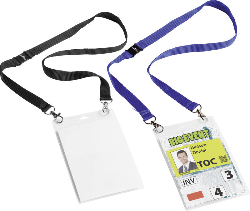 Durable Duo Namensschild – A6, Textilband mit 2 Karabinerhaken, Kunststoff, mit Visitenkartentasche – 10 Stk