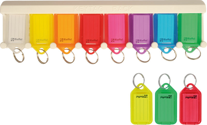 Rieffel Schlüsselschild – assortiert, Beschriftungsfeld 38 × 22 mm, 8 Stk., Kunststoff, B 265 × H 60 × T 15 mm