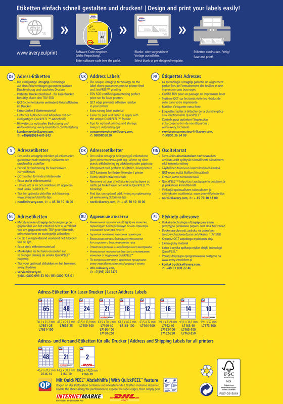 Avery Adressetiketten, 63,5 mm × 38,1 mm, weiss, Papier, permanent, 10 Blätter (210 Etiketten)