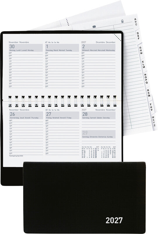 Biella Terminet Agenda – 1 Woche/2 Seiten, Wire-O, 15,3 × 8,5 cm, 2026, mehrsprachig, schwarz, FSC