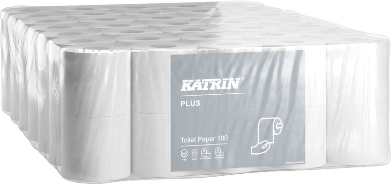 Katrin Plus Toilettenpapier – Zellstoff, 4-lagig, weiss, 180 Blatt/Rolle, 133 × 98 mm – 10 Rollen