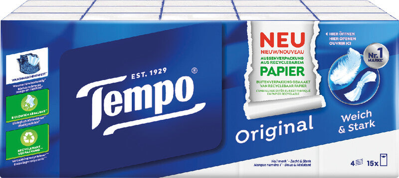 Tempo Original Taschentücher – 4-lagig, weiss, FSC – 15 × 10 Tücher