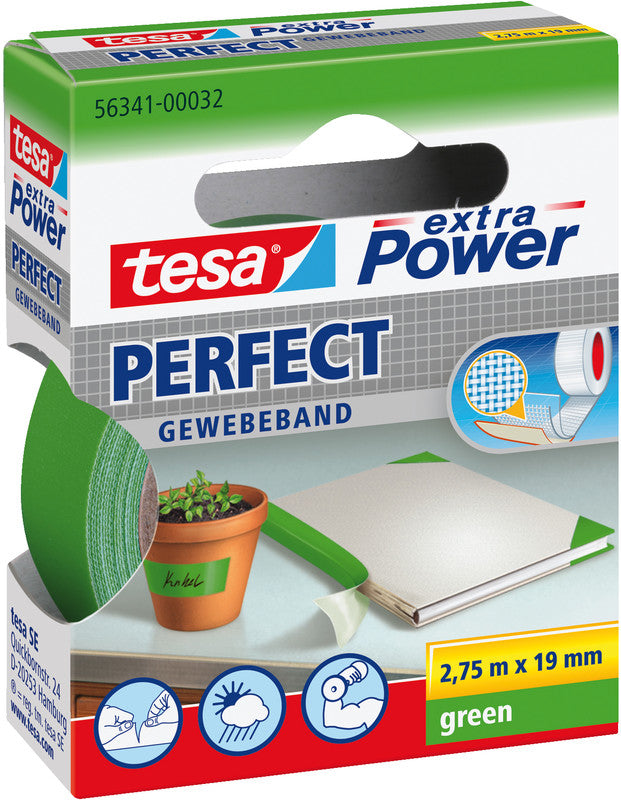 TESA Gewebeband extra Power Perfect – permanent, strukturiert, 19 mm × 2,75 m, grün