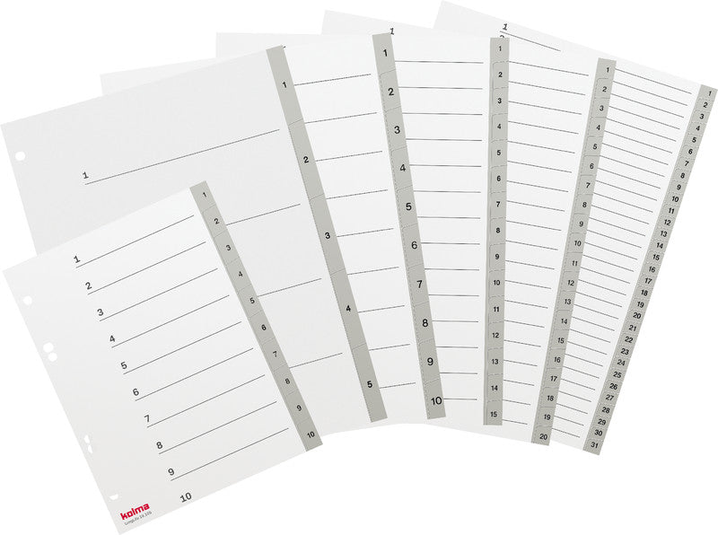 Kolma LongLife Register – A4, 31-teilig, PVC, grau, vorgedruckt, mit Indexblatt, 4-fach Lochung