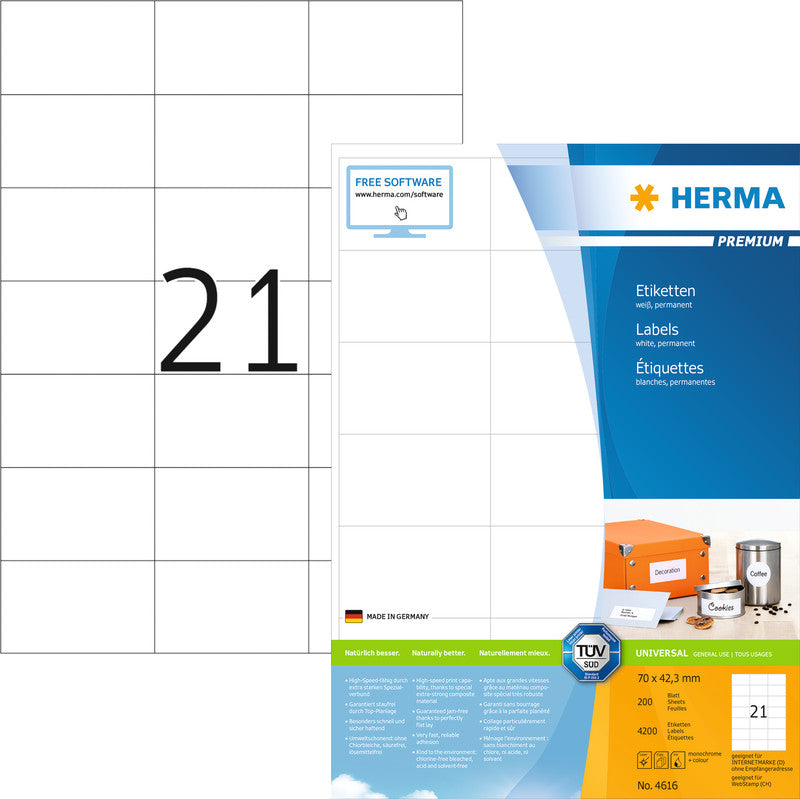 HERMA Schuletiketten – 70×42,3 mm, 4200 Stk, 200 Bogen, Papier, permanent haftend