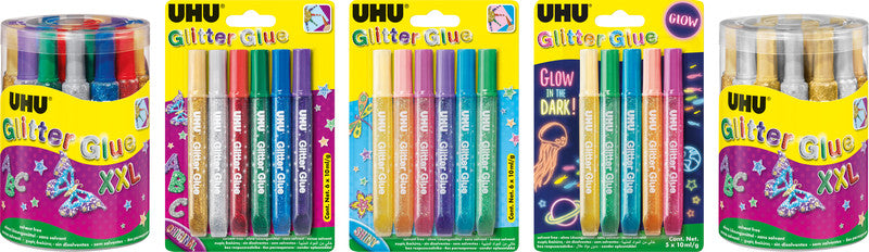UHU Glitzerkleber – farbig sortiert – Set 5 × 10 ml – auswaschbar, lösemittelfrei