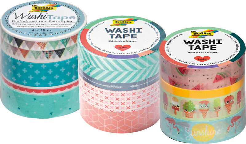 Folia Washi Tape Set – wiederablösbar, Papier, 1×5 mm × 10 m + 3×15 mm × 10 m, mehrfarbig, 4 Rollen