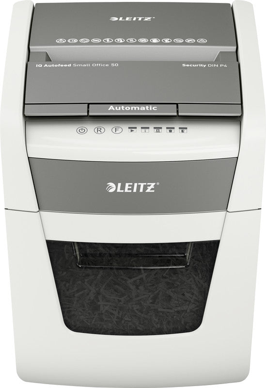 Leitz IQ Autofeed 50 – Aktenvernichter mit Autofeed 50 Blatt, DIN P-4, Partikelschnitt 4 × 28 mm, 6 Blatt, 20