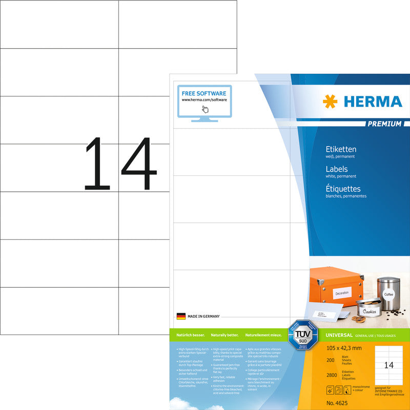 HERMA Selbstklebende Etiketten, 105 mm × 42 mm, weiss, Papier, permanent, 200 Blatt (2'800 Etiketten)