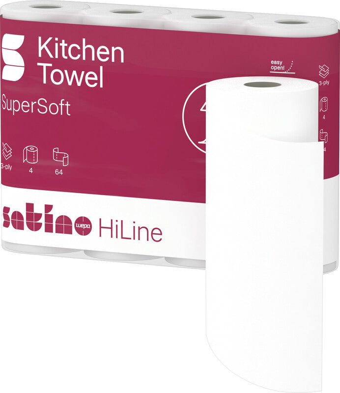 Satino hiline Haushaltspapier – 3-lagig, Weiss, Papier – 260 × 220 mm – Rolle 64 Blatt – Pack 4 Rollen