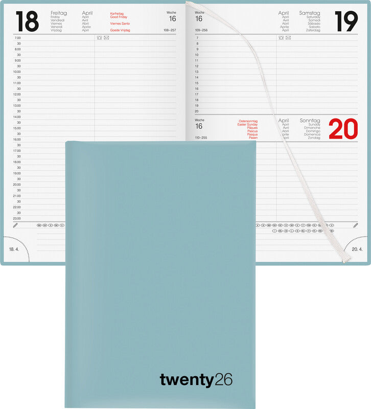 Biella Bunte Agenda – 1 Tag pro Seite, gebunden, 14,5 × 20,5 cm, 2026, ½-Stunden-Takt, Salbeigrün, FSC