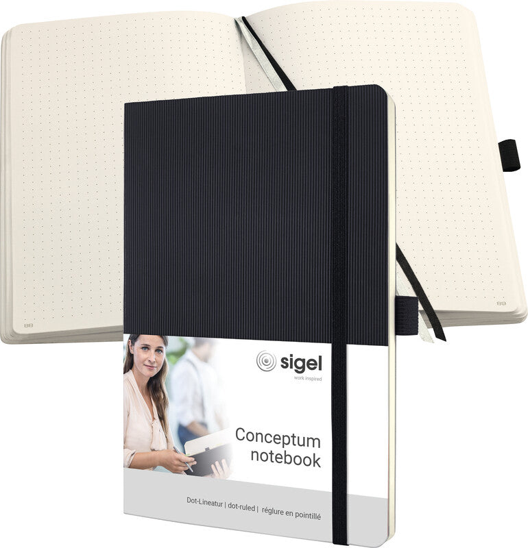 Sigel Notizbuch Conceptum, A5, punktkariert, Fadenheftung, Softcover, 194 Seiten, 80 g/m² – schwarz