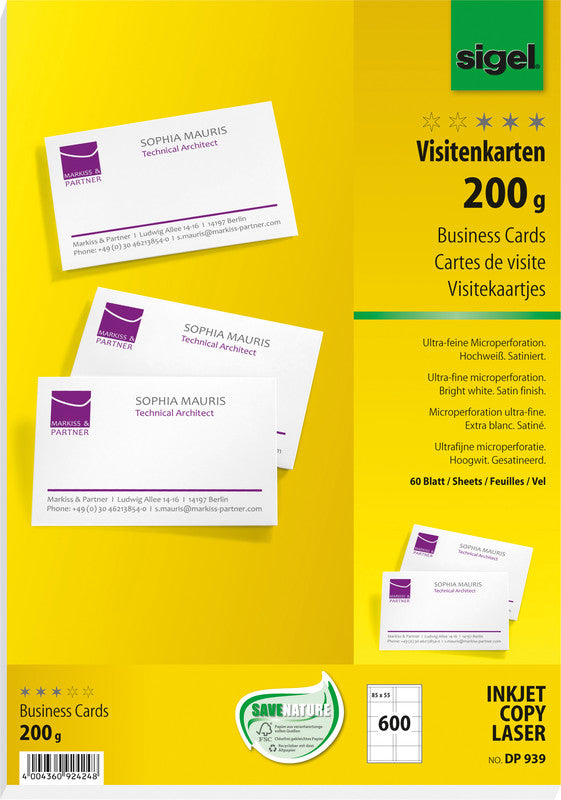 Sigel Visitenkarten, 85 × 55 mm – A4, 10 pro Blatt – 150 Karten – FSC-zertifiziert, beidseitig bedruckbar