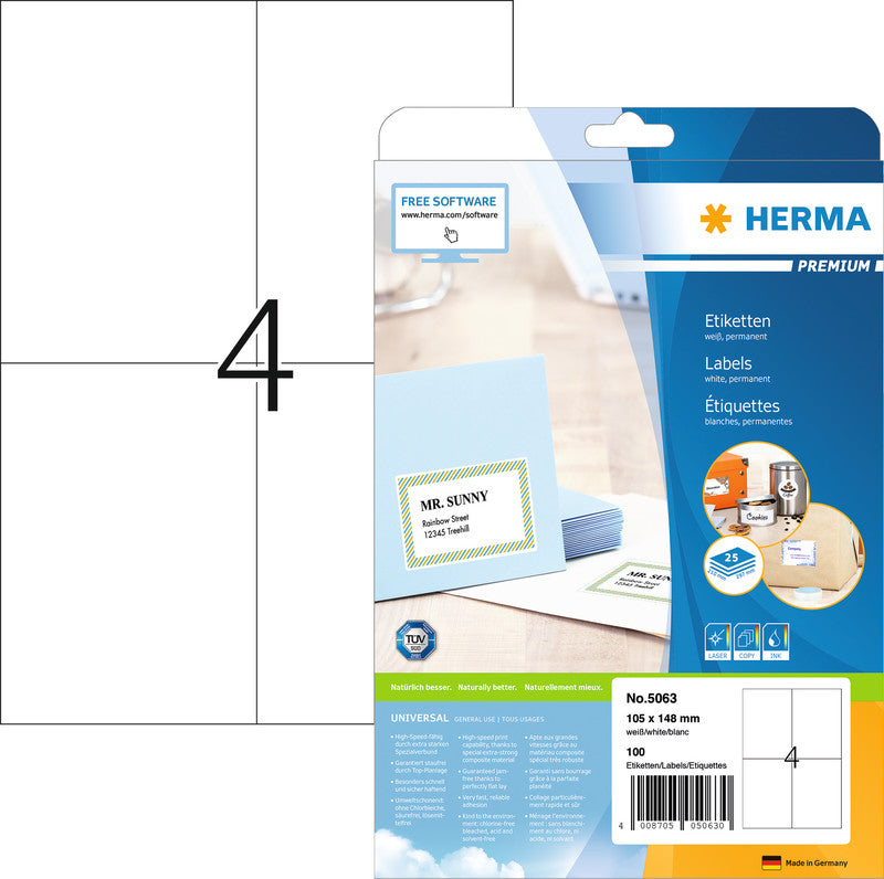 HERMA Blattetiketten, 105 mm × 148 mm, weiss, Papier, permanent, 25 Blätter (100 Etiketten)