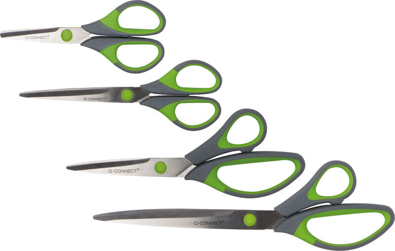Q-connect Universalschere – 25,5 cm, Edelstahl, für Rechts- und Linkshänder, spitz, Softgrip, Kunststoff, grün