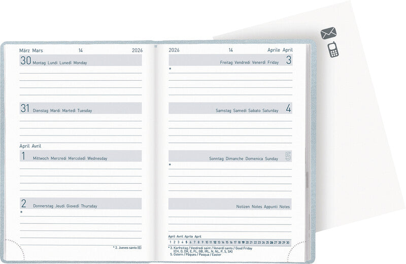 Biella Agenda – 1 Woche/2 Seiten, gebunden, 7,6 × 11 cm, Jan–Dez, 2026, hellblau, FSC