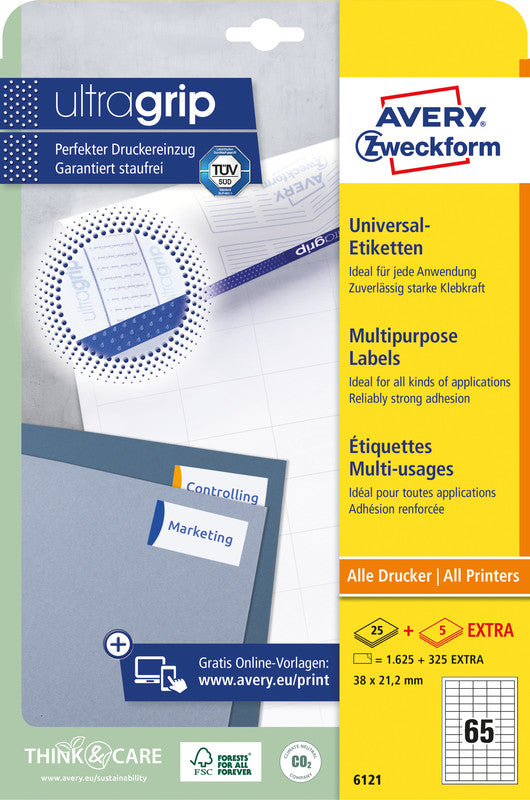 Avery 6121 – Etiketten A4 38 × 21,2 mm – Papier, weiss – permanent haftend – 65 pro Blatt, 30 Blätter (1'950 Stk.)