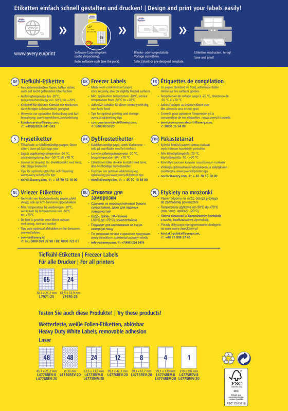 Avery Druckeretiketten, A4, 63,5 mm × 33,9 mm, weiss, Papier, permanent, 25 Blatt (600 Etiketten)