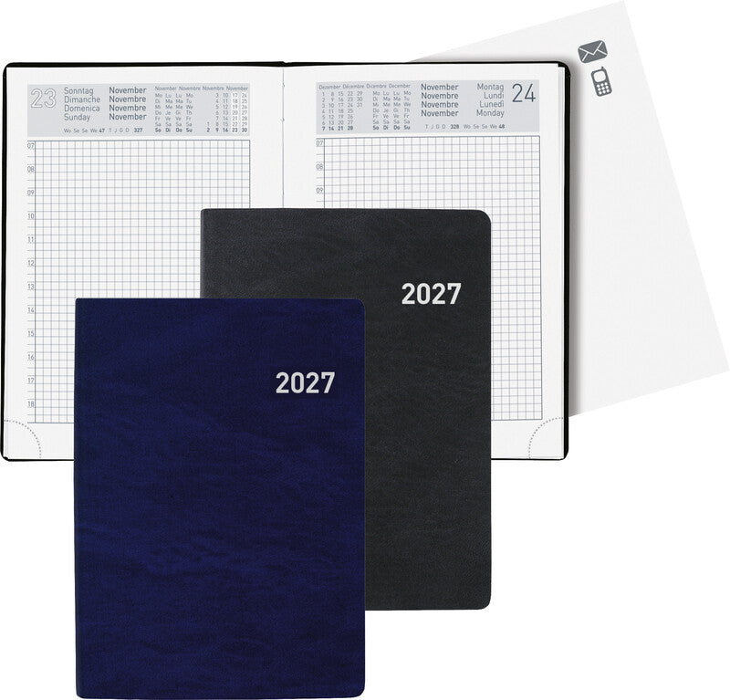 Biella Technikus Agenda – 1 Tag pro Seite, gebunden, 10,1 × 14,2 cm, 2026, 1-Stunden-Takt, Dunkelblau, FSC