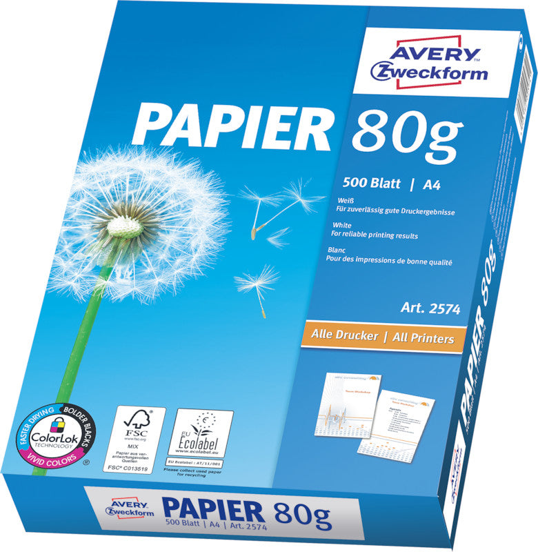 Avery Kopierpapier – A4, 90 g/m², CIE 170 – für Inkjet/Laser/Kopierer – FSC, EU Ecolabel – 500 Blatt