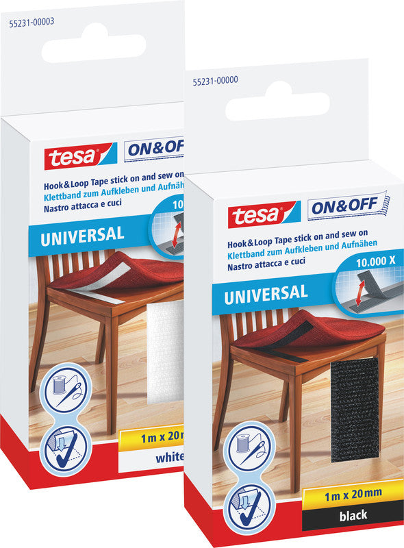 TESA Klettband on&off – permanent, 20 mm × 1 m, schwarz