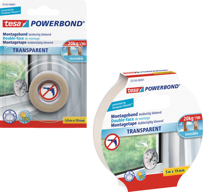 Tesa Powerbond Montageband, stark, für glatte Oberflächen – 19 mm × 5 m, transparent, bis 2 kg/10 cm