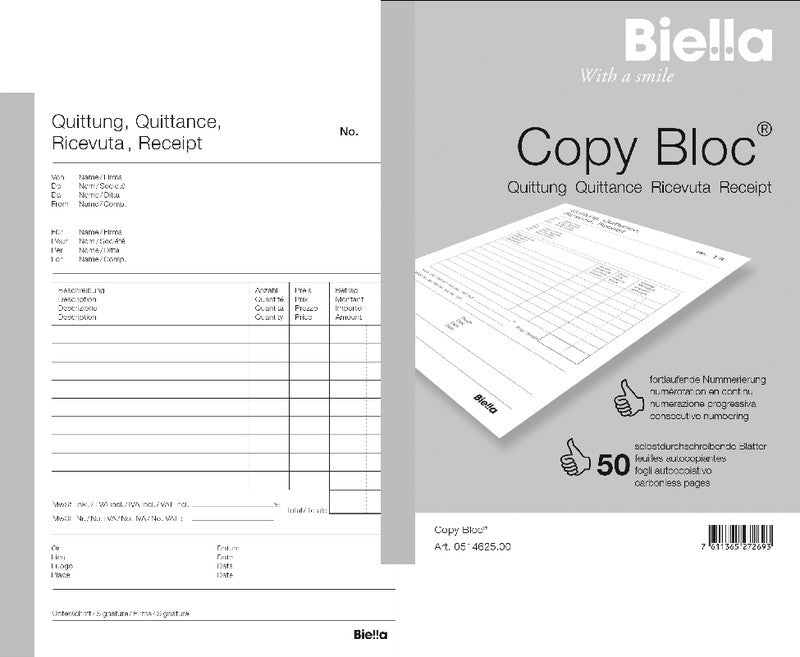 Biella Formularblock – Quittungen, mehrsprachig, 50 Blatt, A5