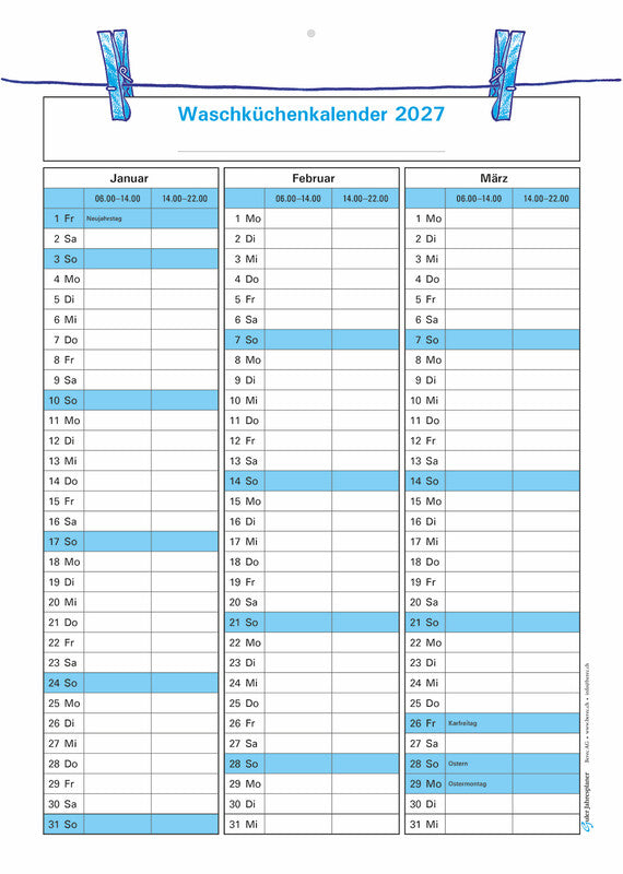 Guler Waschküchenplaner – für Waschküche – 2 Spalten, 3 Monate pro Blatt – Deutsch – 2026 – Stundenplan – A4