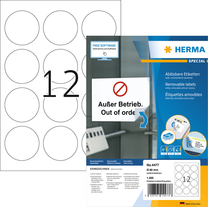HERMA Druckeretiketten, Ø 60 mm, weiss, Papier, ablösbar, 1200 Etiketten (100 Blatt)
