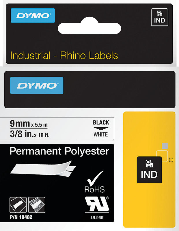 DYMO Textilband – 9 mm × 5,5 m, weiss, schwarz – für DYMO Rhino: 3000, 4200, 5000, und andere