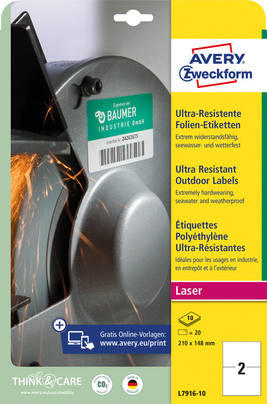 Avery Folien-Etiketten, 210 mm × 148 mm, weiss, extra stark, 10 Blatt (20 Etiketten)