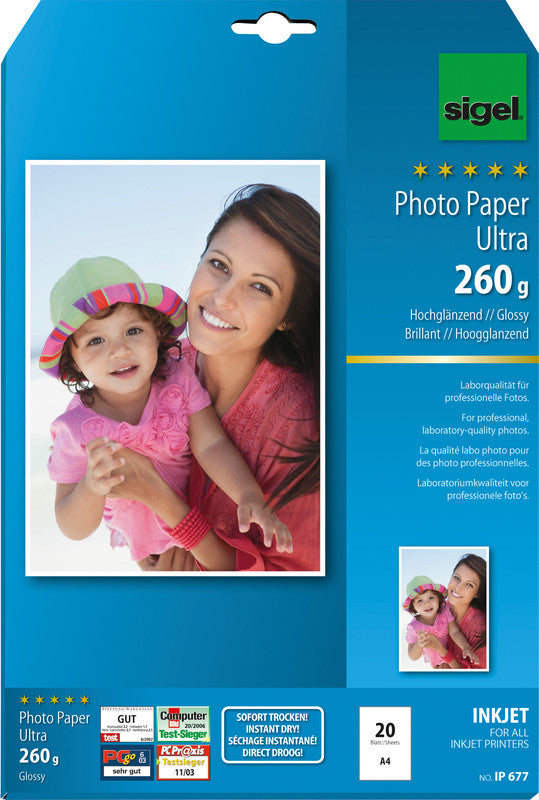 Sigel Fotopapier – hochglänzend, A4, 260 g/m², 20 Blatt – für Inkjetdrucker