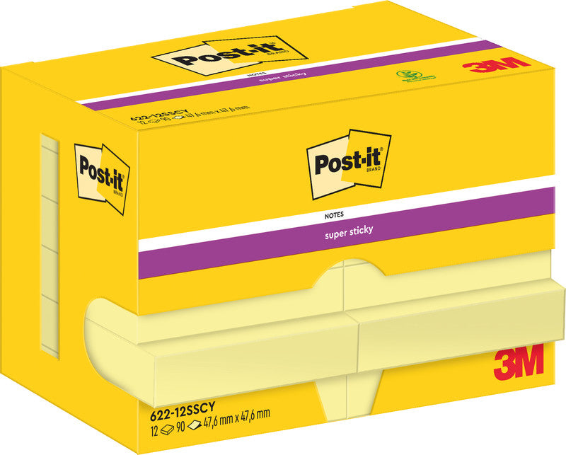 Post-it Haftnotizen Super Sticky – 47,6×47,6 mm – Gelb, 12×90 Blatt, PEFC